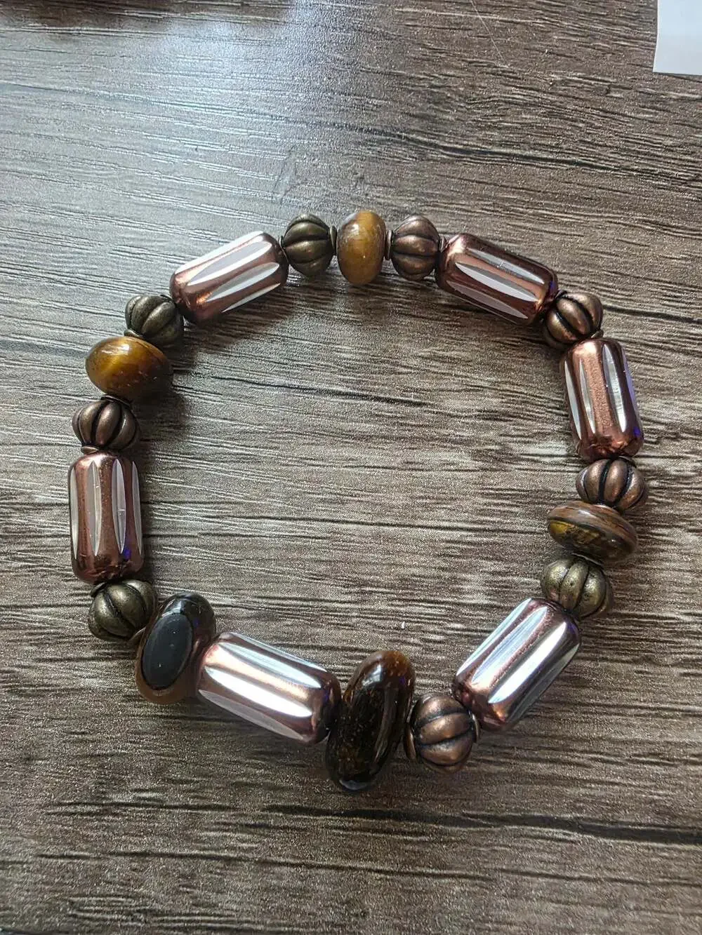 Artisan Handmade Beaded Stretch Bracelet with Tiger's Eye and Copper-Tone Accent